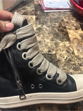 Rick Owens Black Leather High-Top Boots with Cream reps